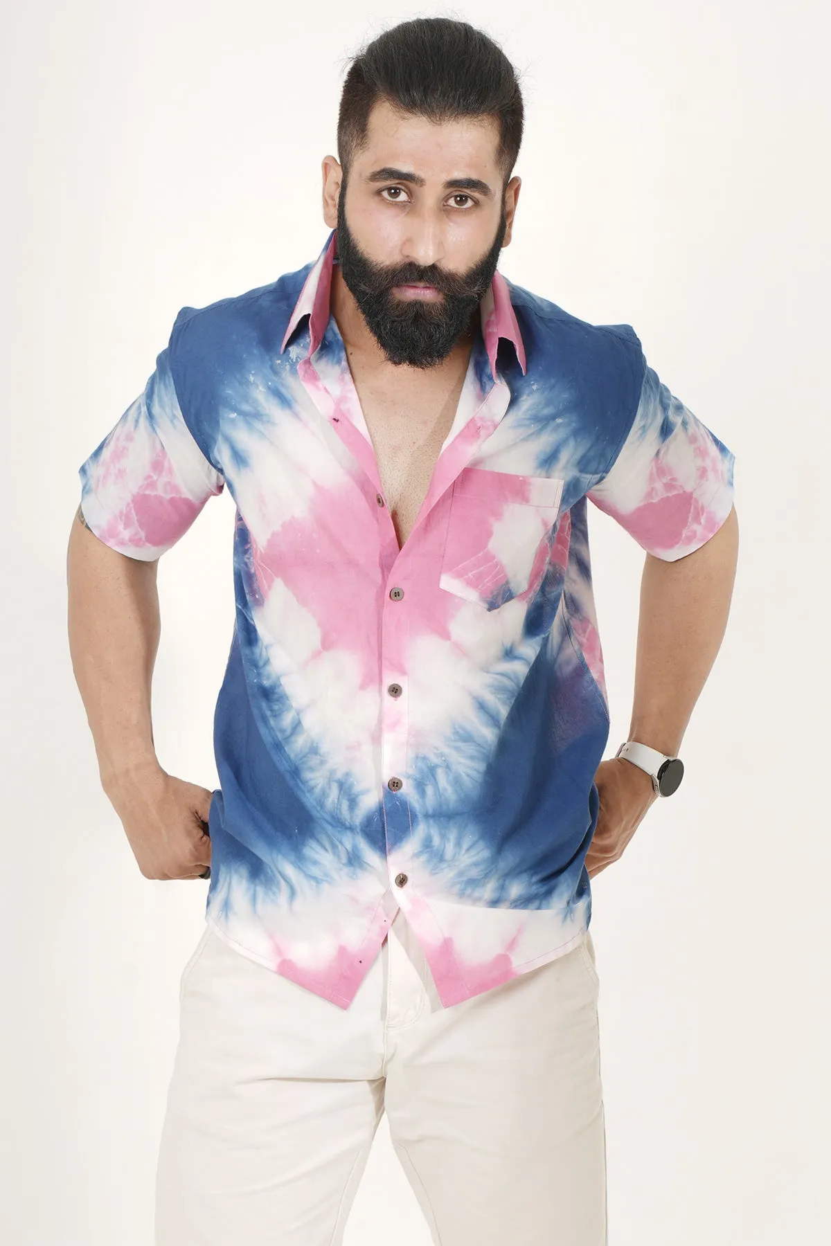 Pink and Blue Tie Dye Handmade Half Sleeves Shirt | Style Matters