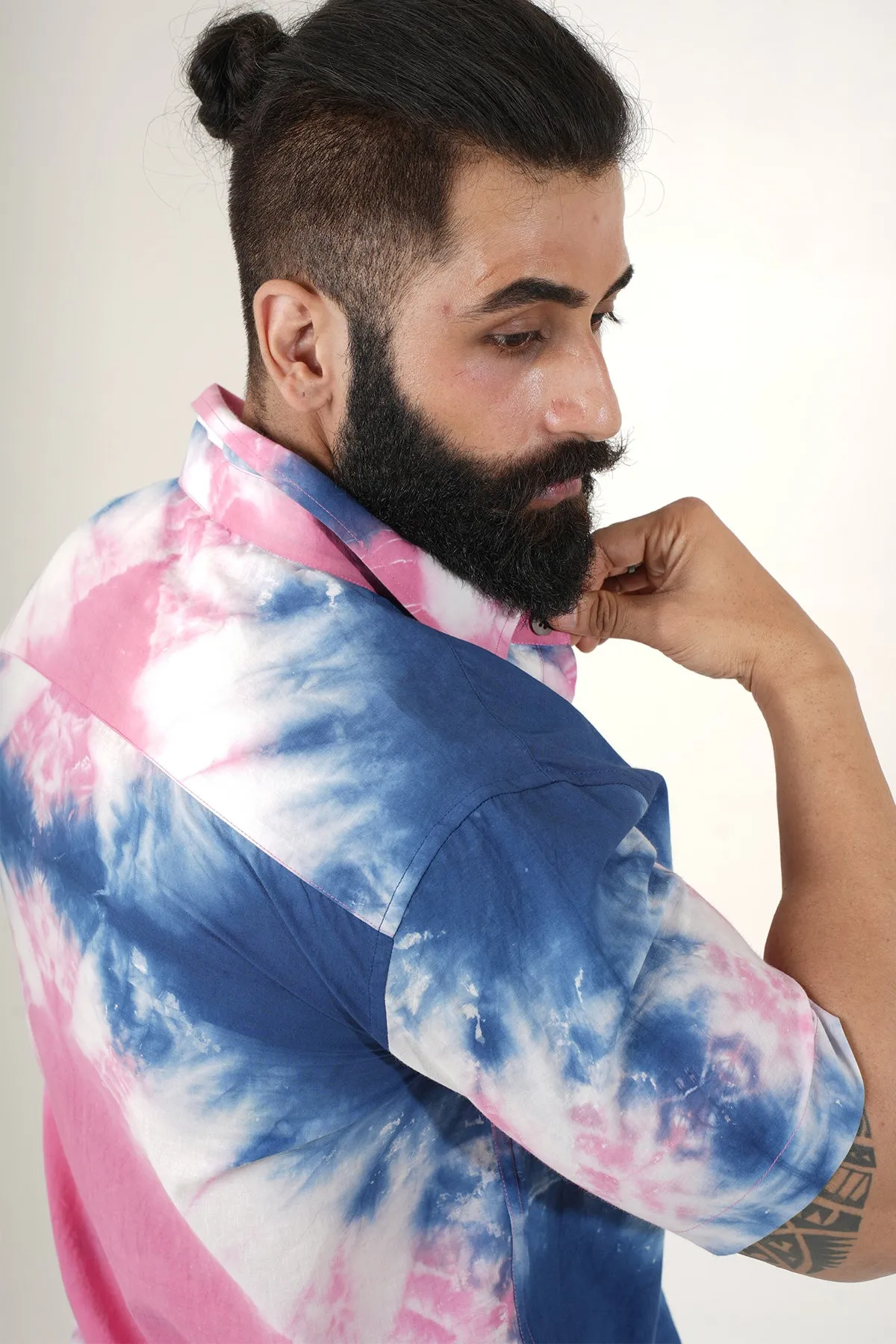 Pink and Blue Tie Dye Handmade Half Sleeves Shirt | Style Matters