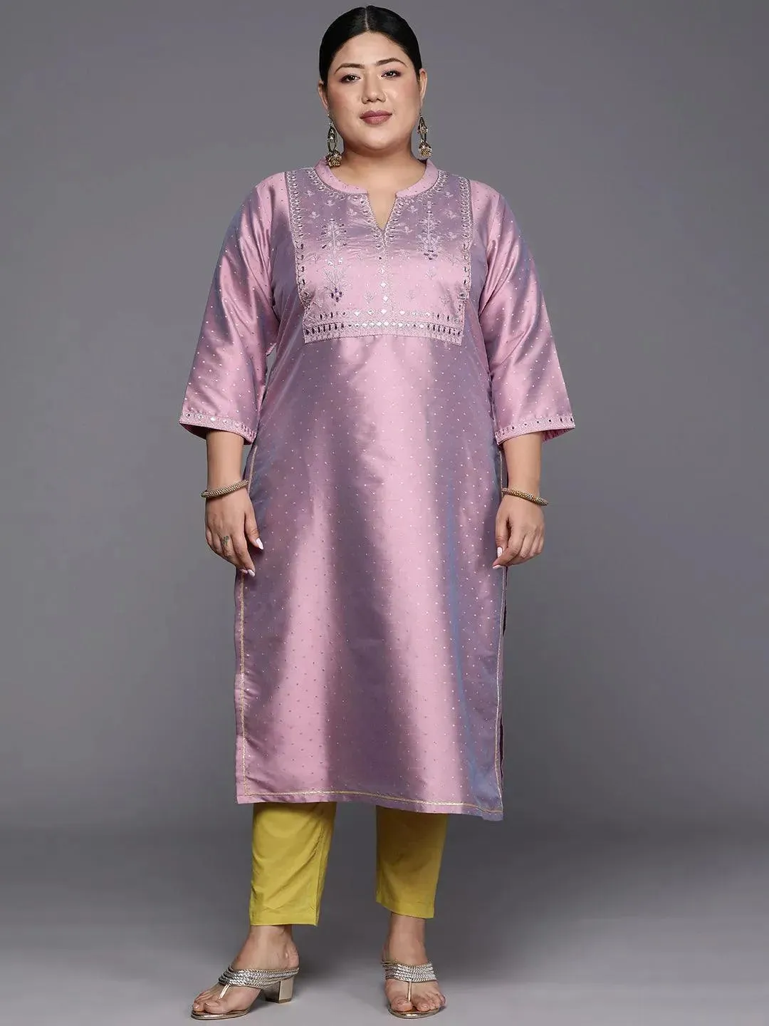 Plus Size Purple Yoke Design Art Silk Straight Kurta