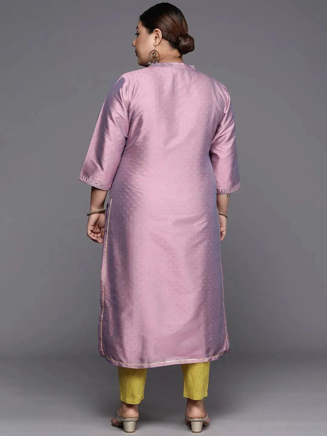 Plus Size Purple Yoke Design Art Silk Straight Kurta