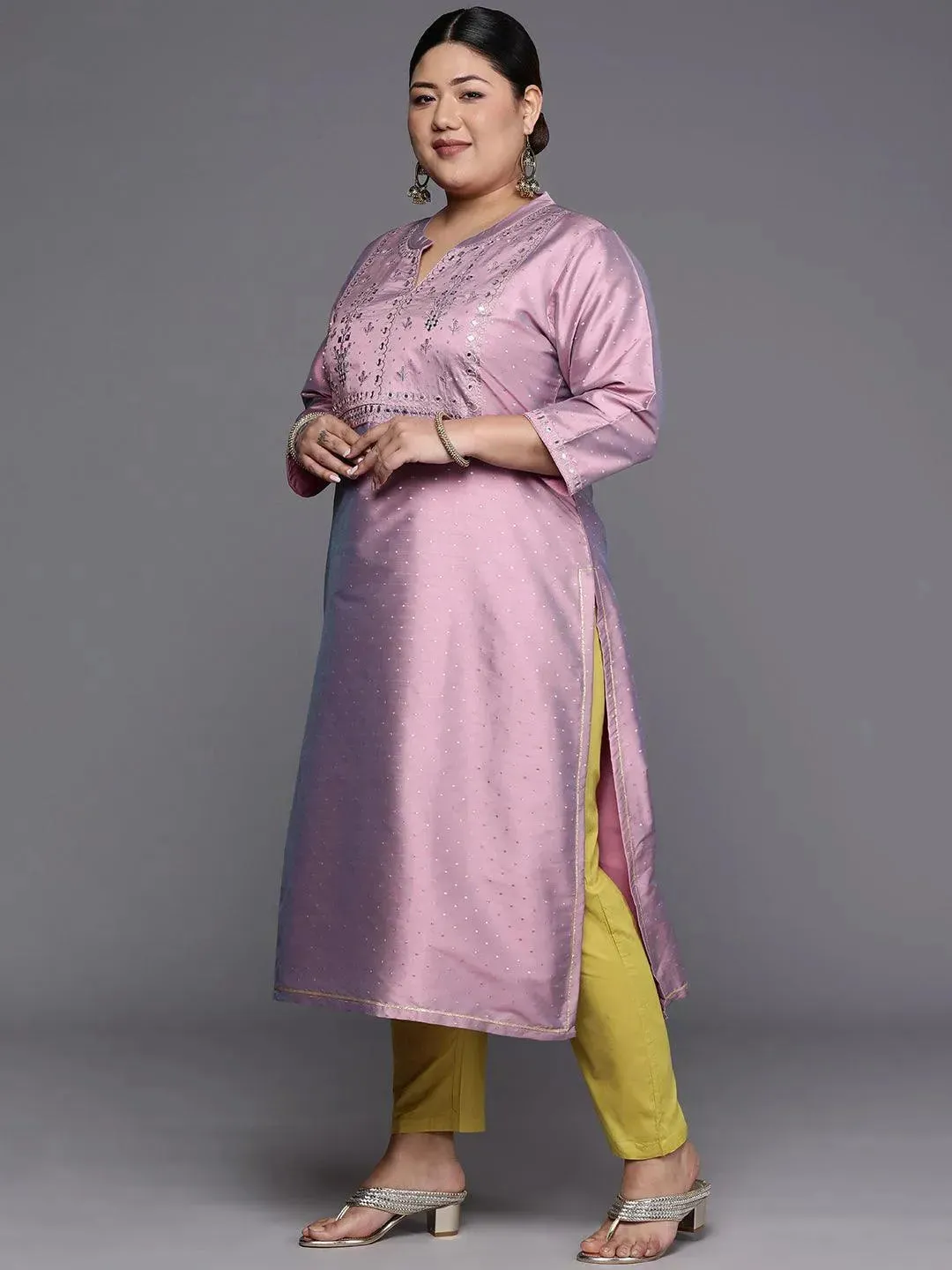 Plus Size Purple Yoke Design Art Silk Straight Kurta