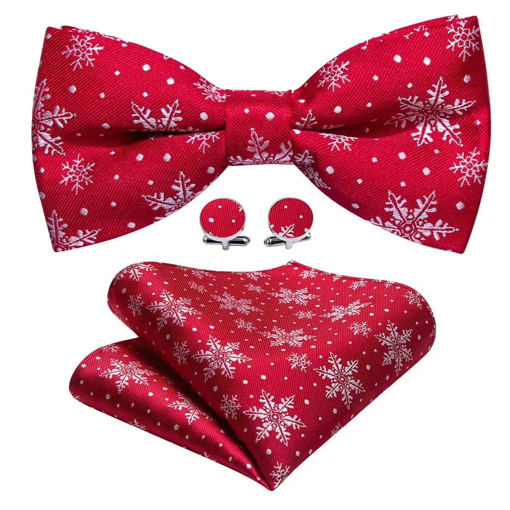 Red & White Christmas Snowflake Silk Bow Tie Set