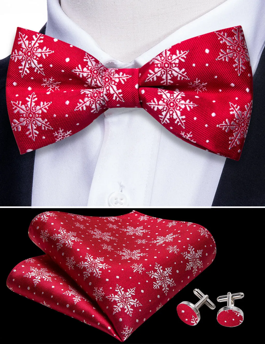 Red & White Christmas Snowflake Silk Bow Tie Set