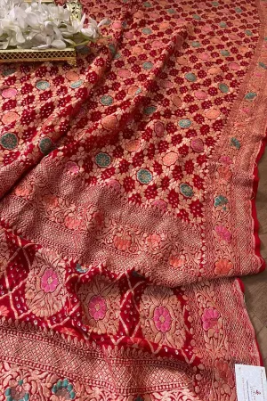 Red Banarasi Bandhani Pure Georgette Meenakari Dupatta