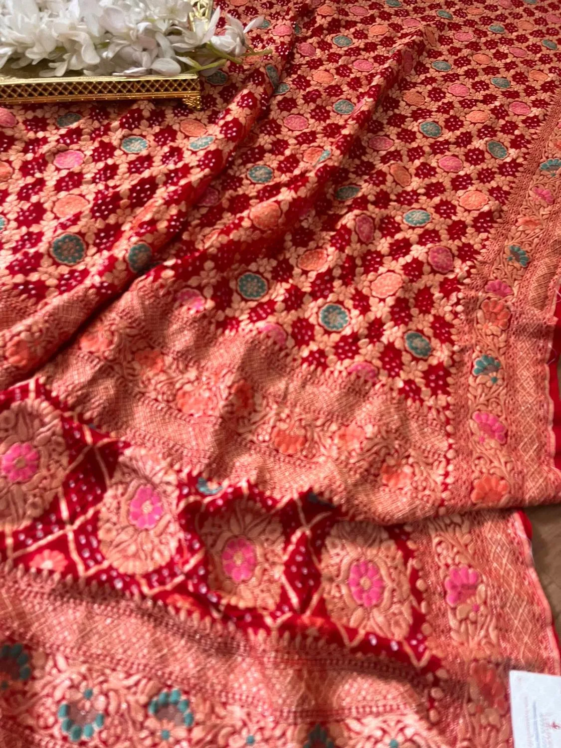 Red Banarasi Bandhani Pure Georgette Meenakari Dupatta