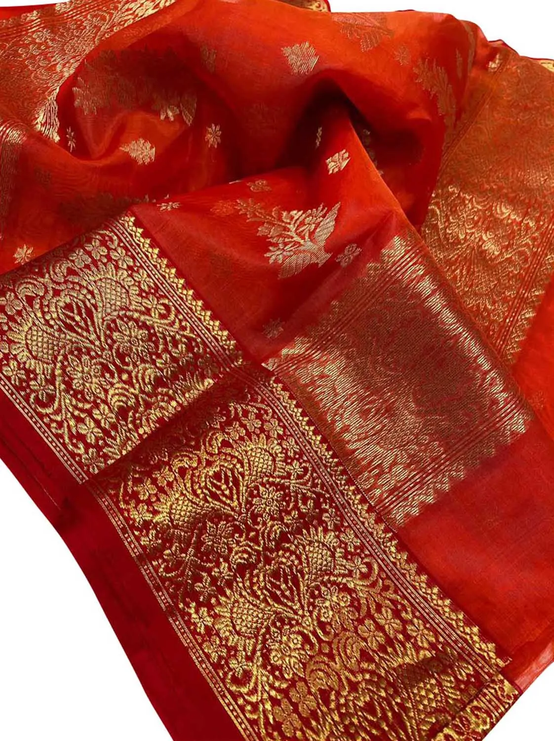 Red Chanderi Handloom Katan Organza Silk Saree
