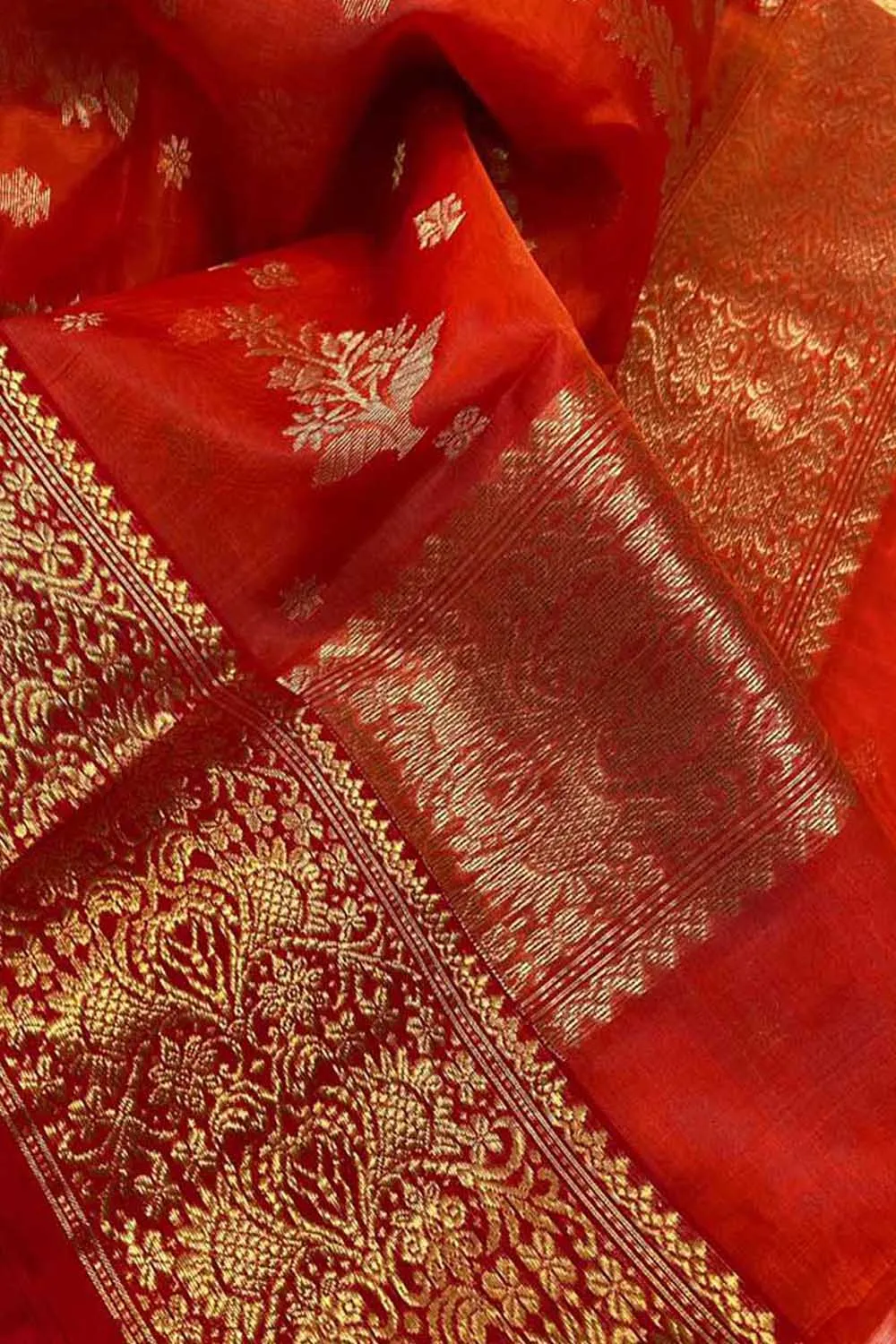 Red Chanderi Handloom Katan Organza Silk Saree