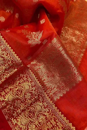 Red Chanderi Handloom Katan Organza Silk Saree
