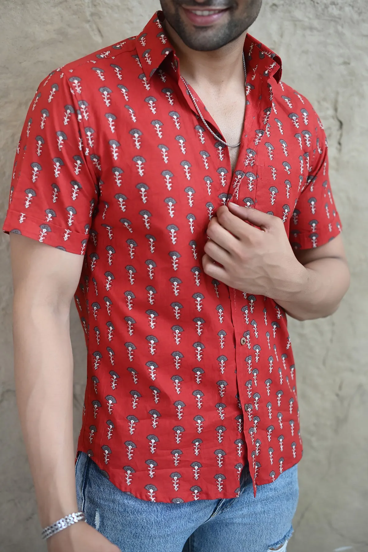 Red Floral print cotton shirt half sleeves | Style Matters