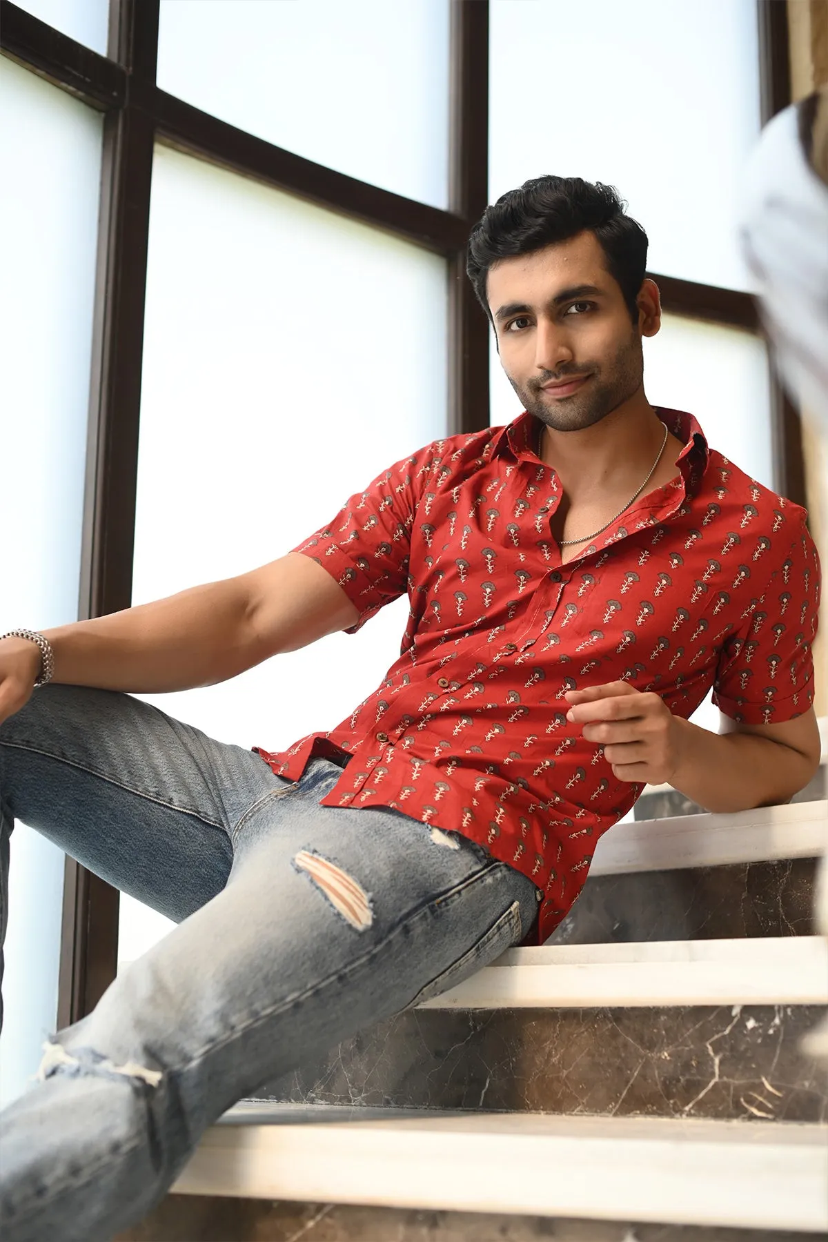 Red Floral print cotton shirt half sleeves | Style Matters