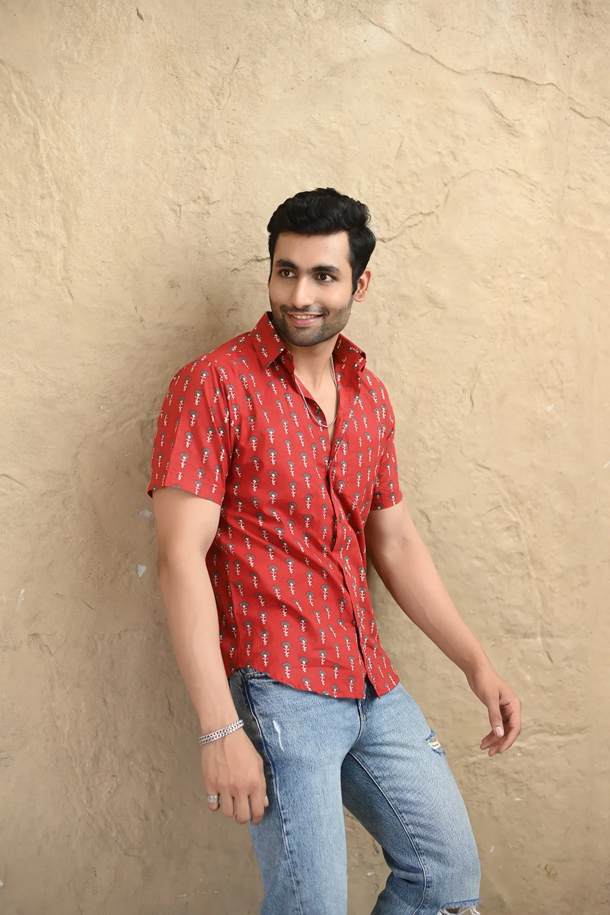 Red Floral print cotton shirt half sleeves | Style Matters