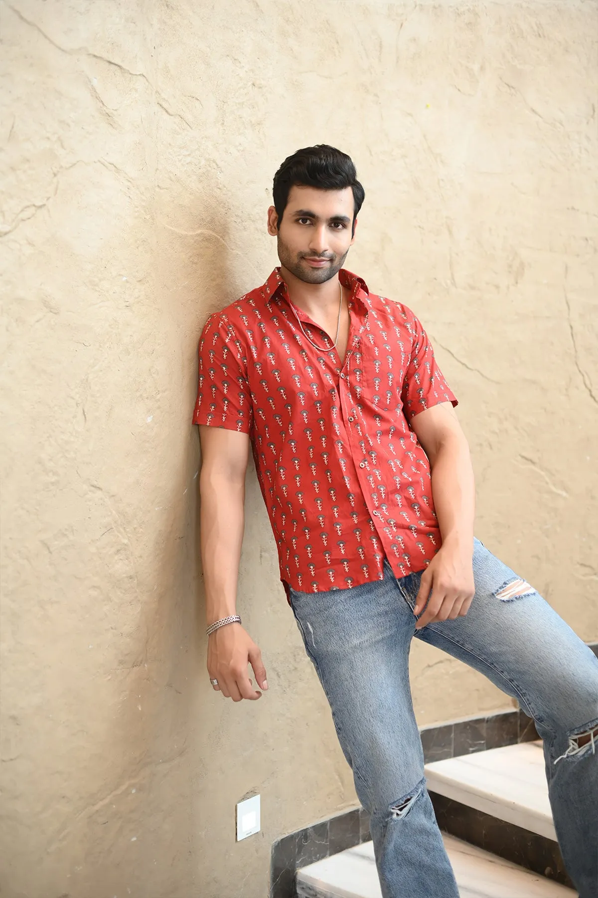Red Floral print cotton shirt half sleeves | Style Matters