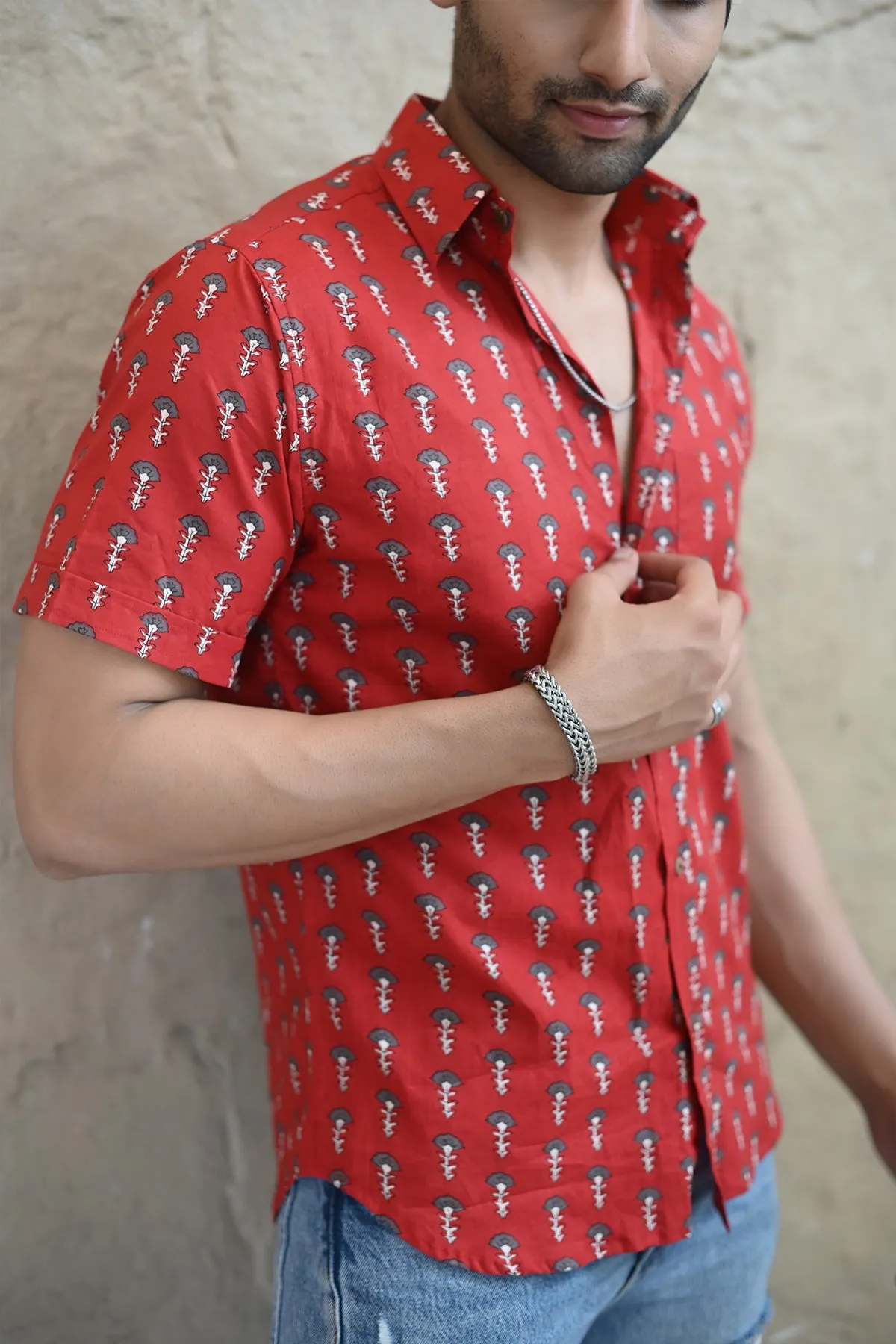 Red Floral print cotton shirt half sleeves | Style Matters