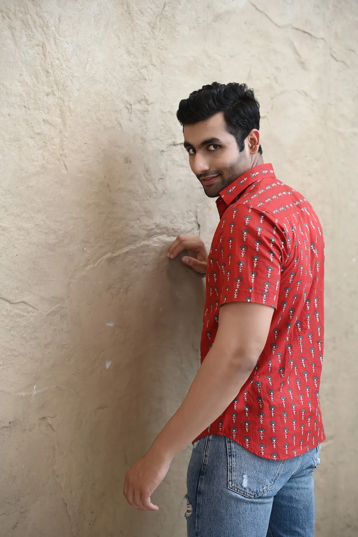 Red Floral print cotton shirt half sleeves | Style Matters