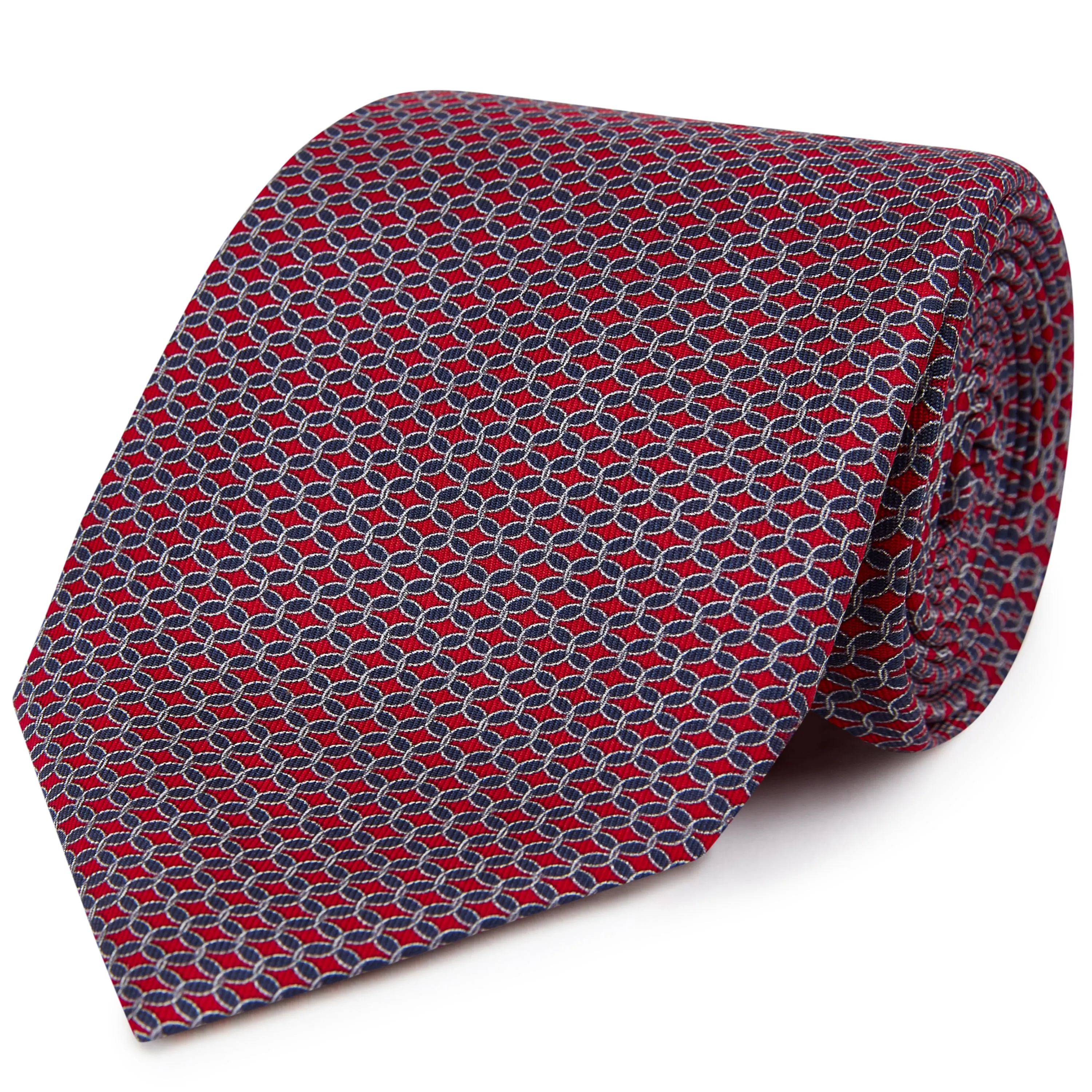 Red Navy Circle Chain Geometric Printed Silk Tie