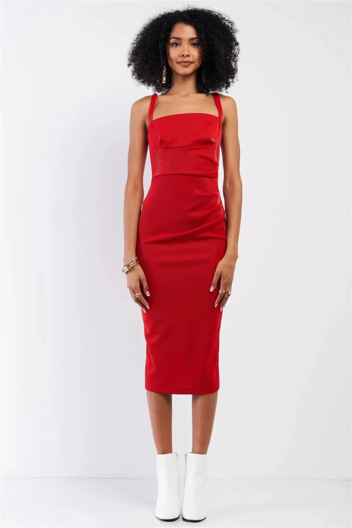 Red Sleeveless Square Neck Back Slit Detail Fitted Midi Dress