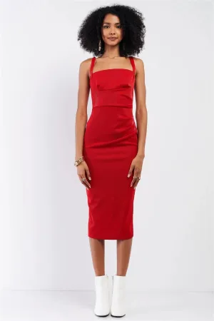 Red Sleeveless Square Neck Back Slit Detail Fitted Midi Dress