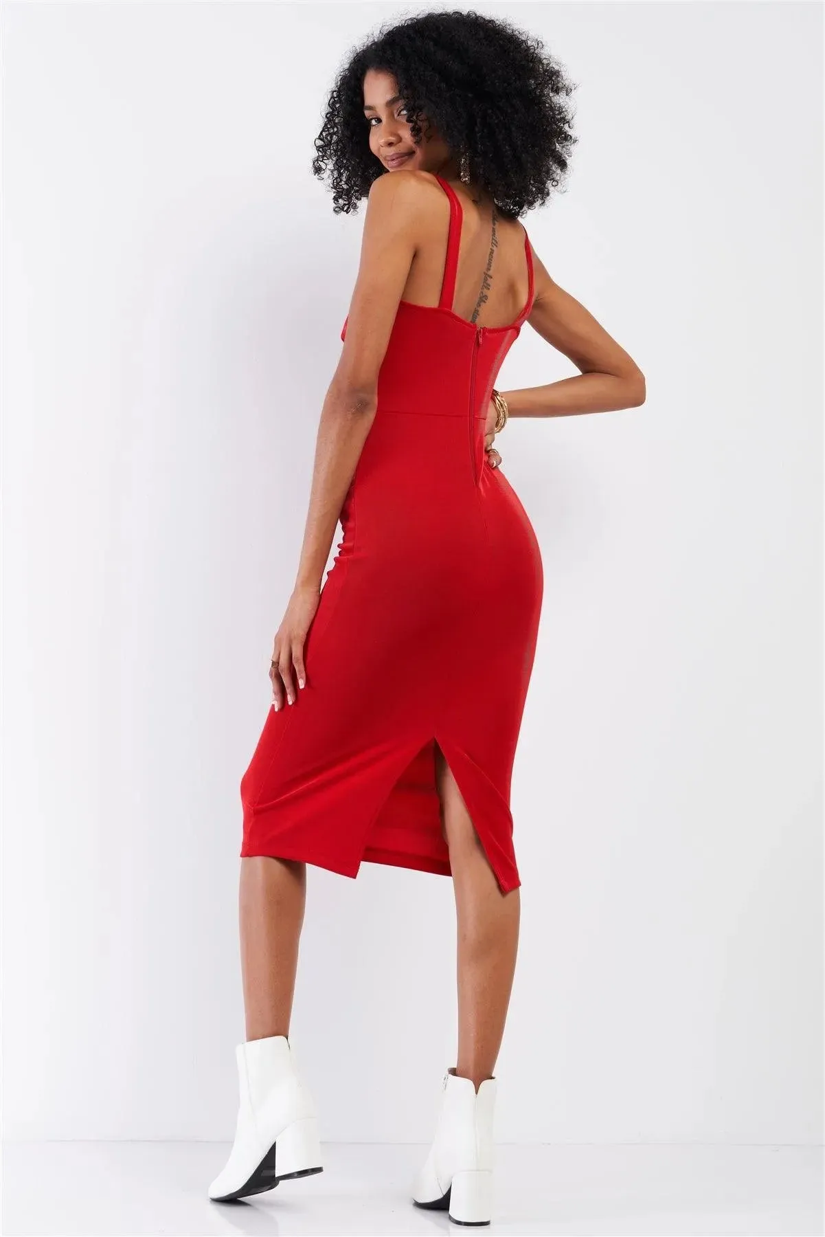 Red Sleeveless Square Neck Back Slit Detail Fitted Midi Dress