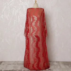 Scarlet Red and Gold Floral Pattern Pure French Silk (Fransawi Dirac) Chiffon Fabric – 140 cm Wide X 3.5 Mtrs-D19860