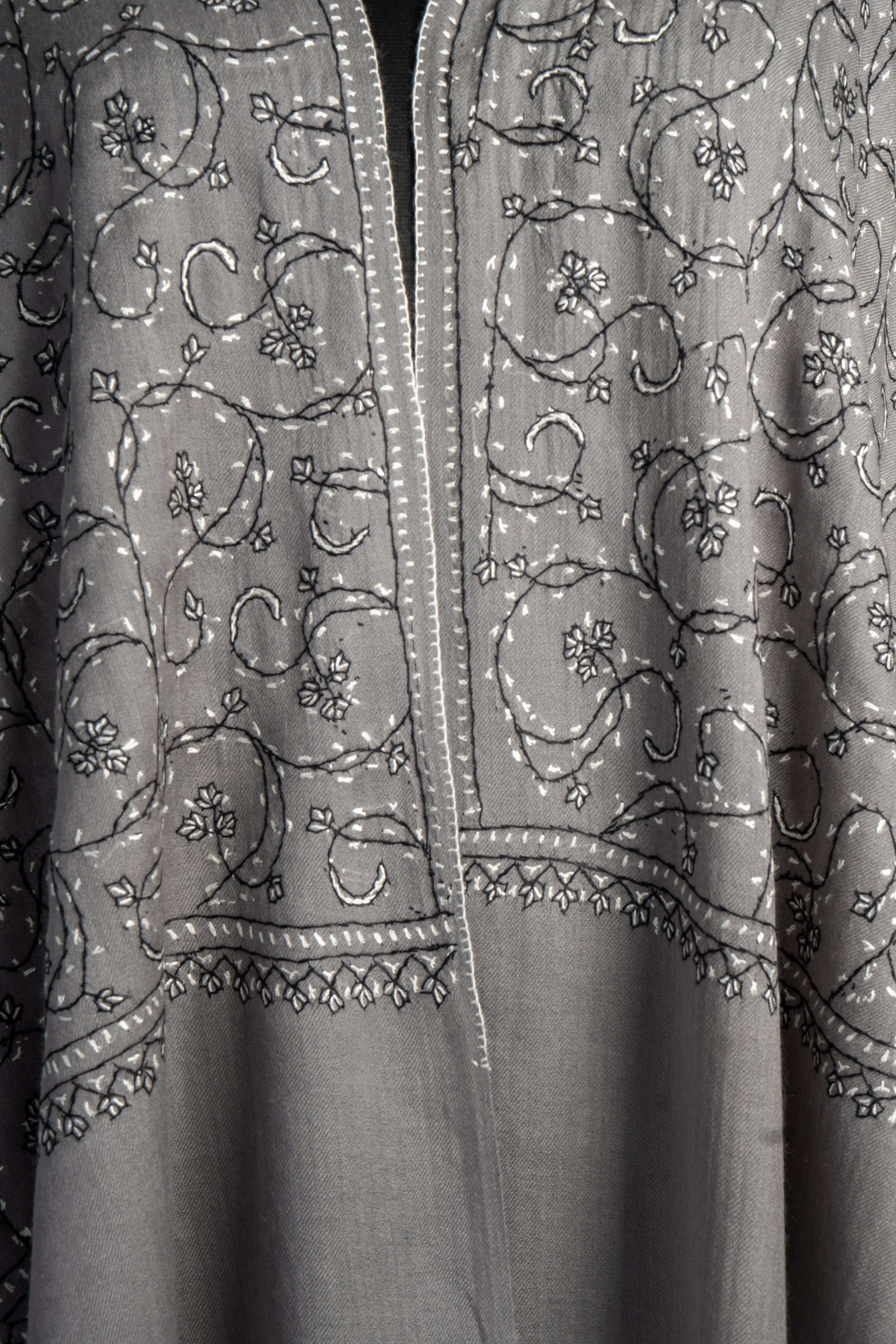 Silver Whisper: Sozni Hand-Embroidered Merino Wool Scarf