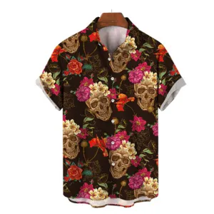 Skull Flower Print Polyester Shirt