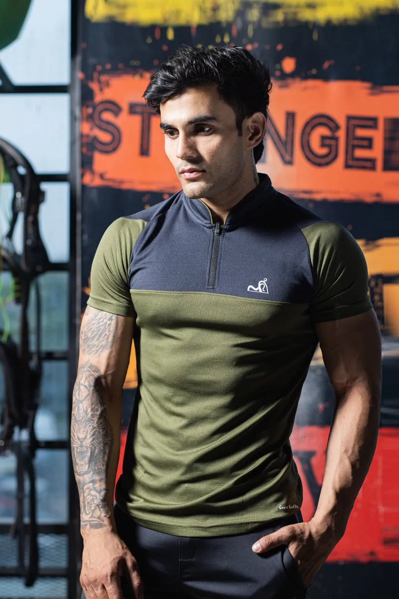 Stand Neck Semi Collar T-Shirts Mehandi Charcoal (D)