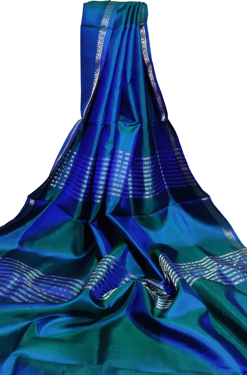 Stunning Green and Blue Bishnupur Silk Saree - Pure Elegance