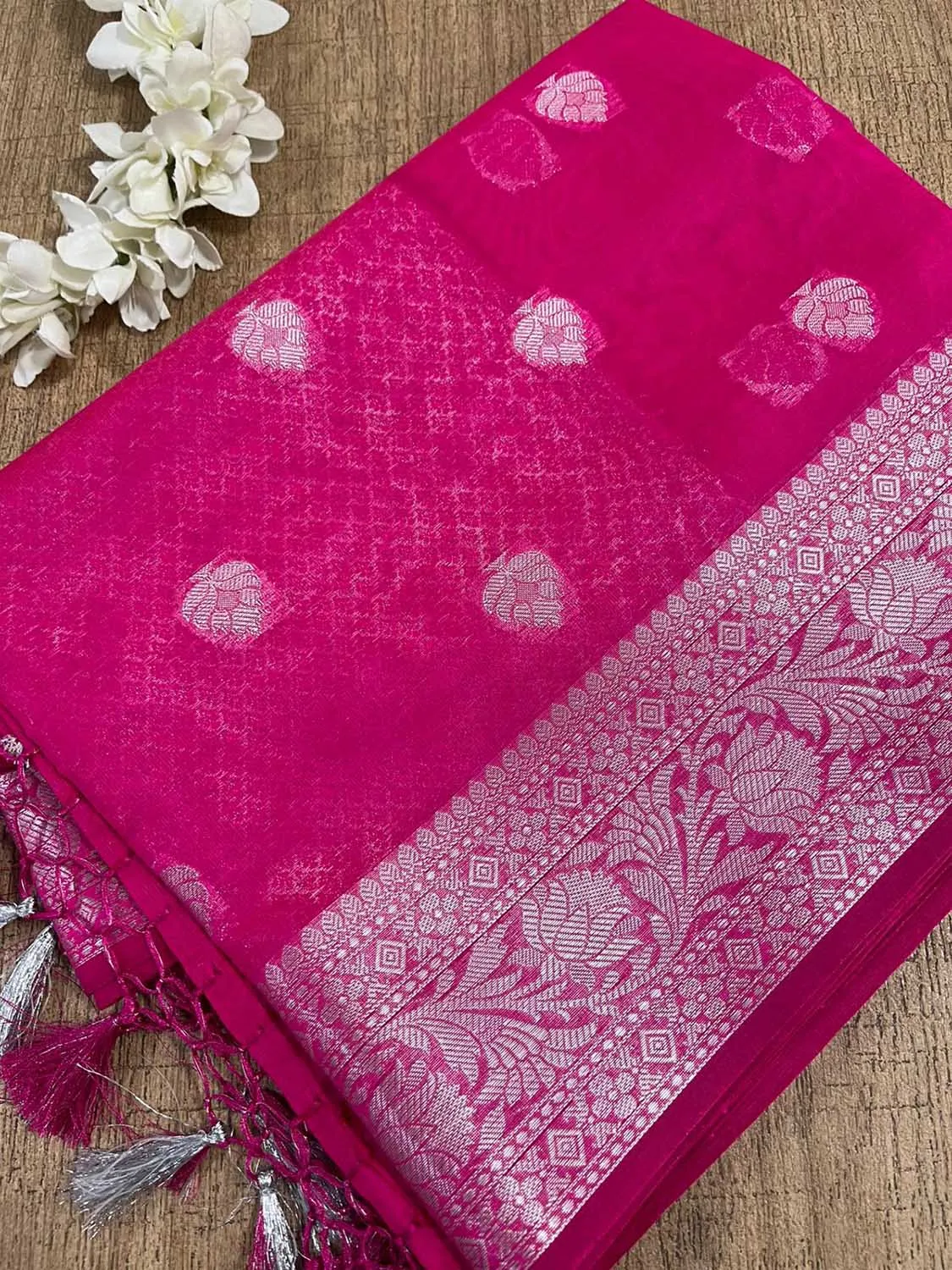 Stunning Pink Banarasi Kora Silk Saree