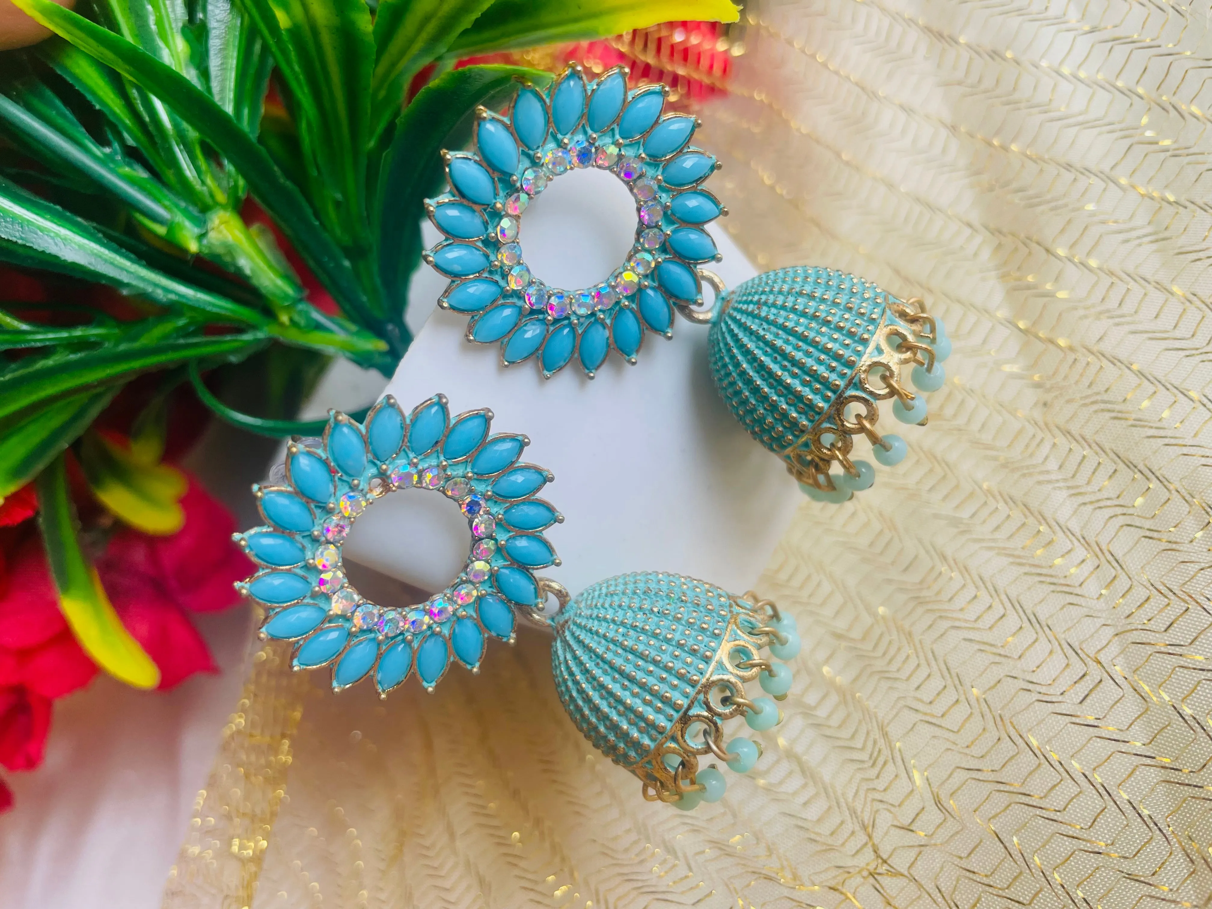 SUN FLOWER AQUA JHUMKIS
