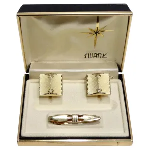 Swank 18K Gold Plated Vintage Cuff Links and Tie Clip Set