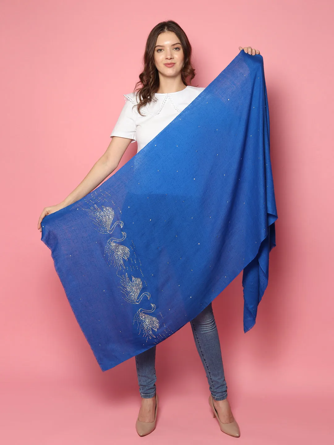 Swarovski Pashmina Shawl, Blue Pashmina Shawl with signature swarovski swans