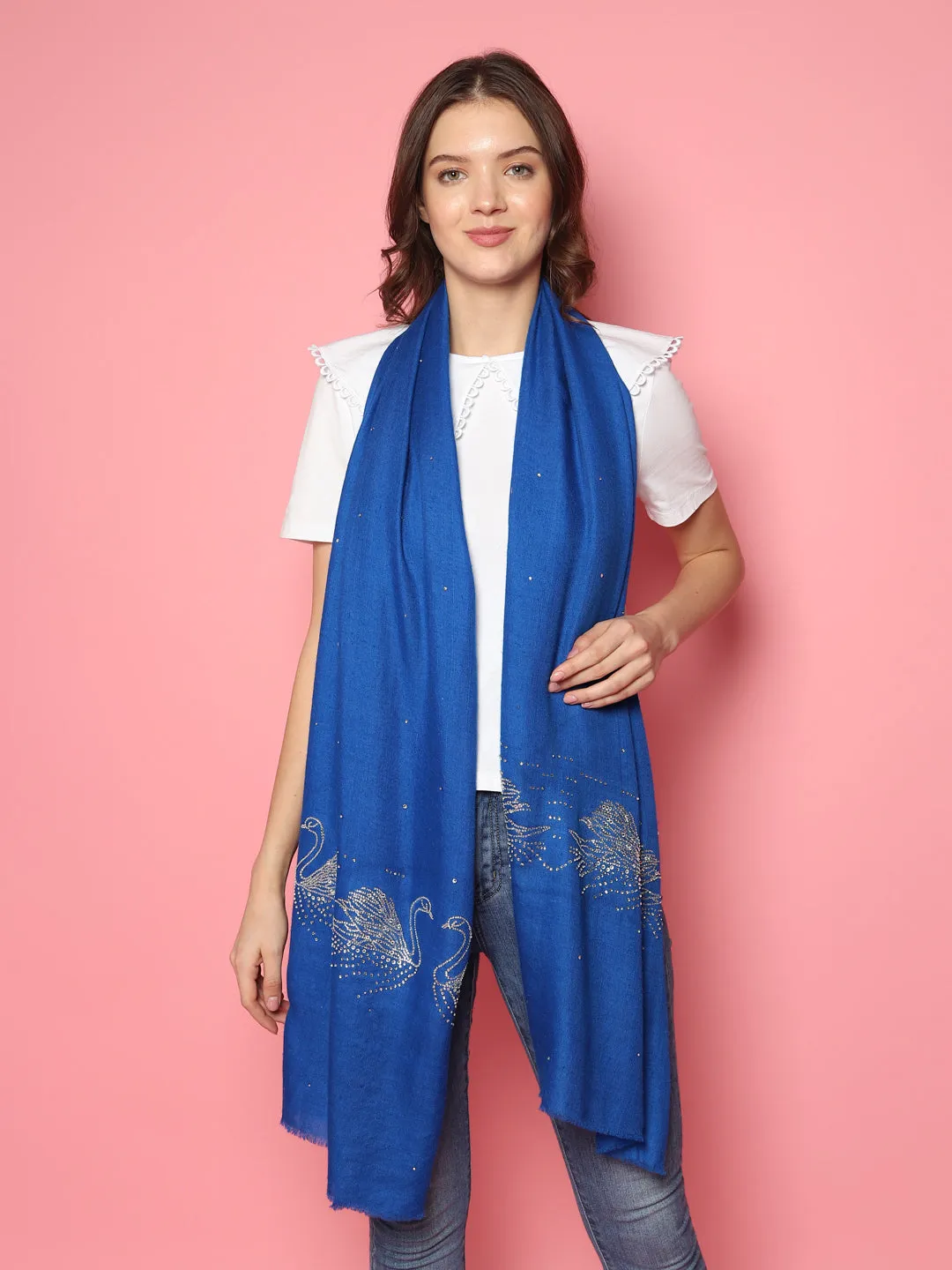 Swarovski Pashmina Shawl, Blue Pashmina Shawl with signature swarovski swans