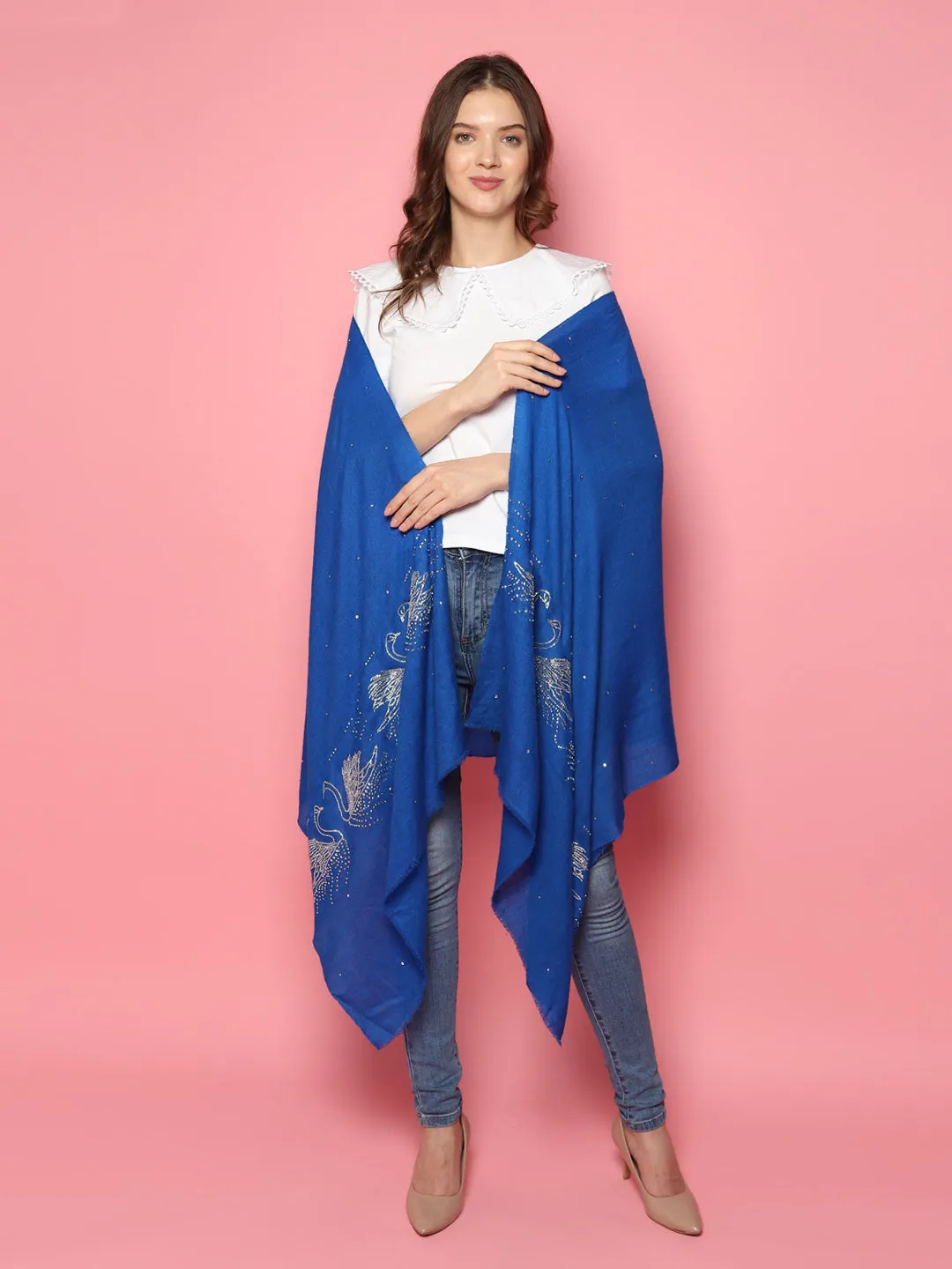 Swarovski Pashmina Shawl, Blue Pashmina Shawl with signature swarovski swans