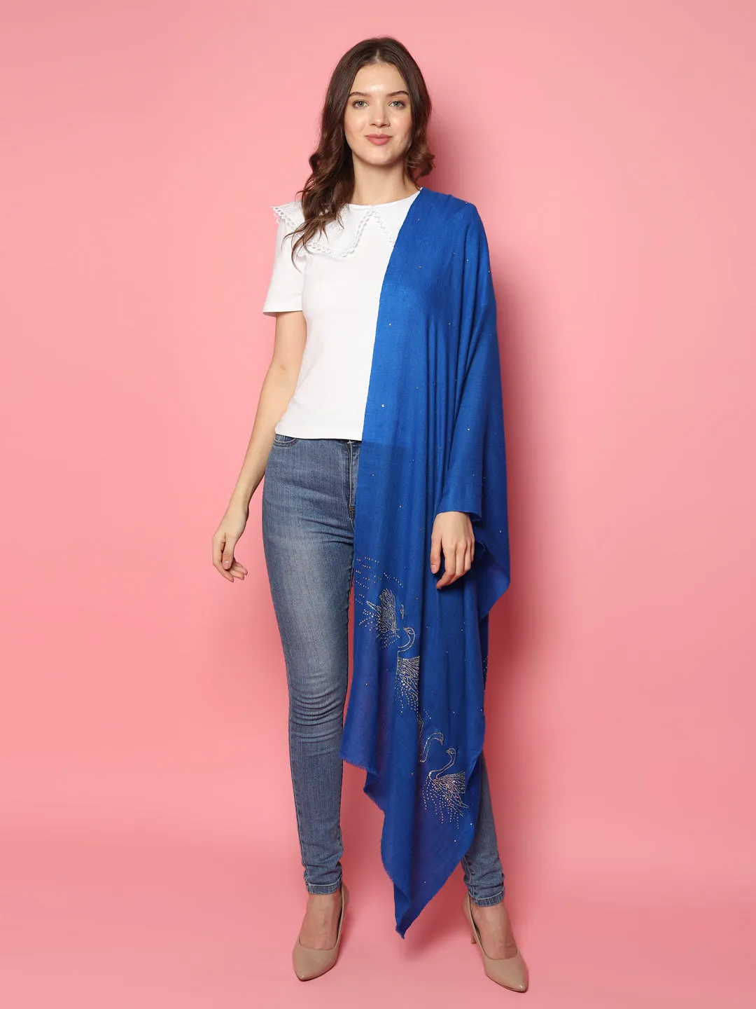 Swarovski Pashmina Shawl, Blue Pashmina Shawl with signature swarovski swans