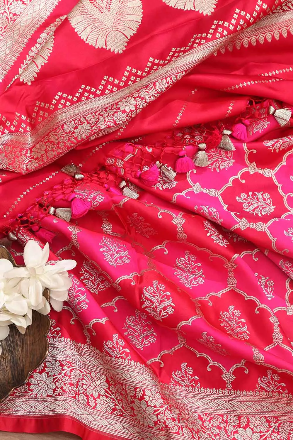Vibrant Red & Pink Banarasi Silk Saree