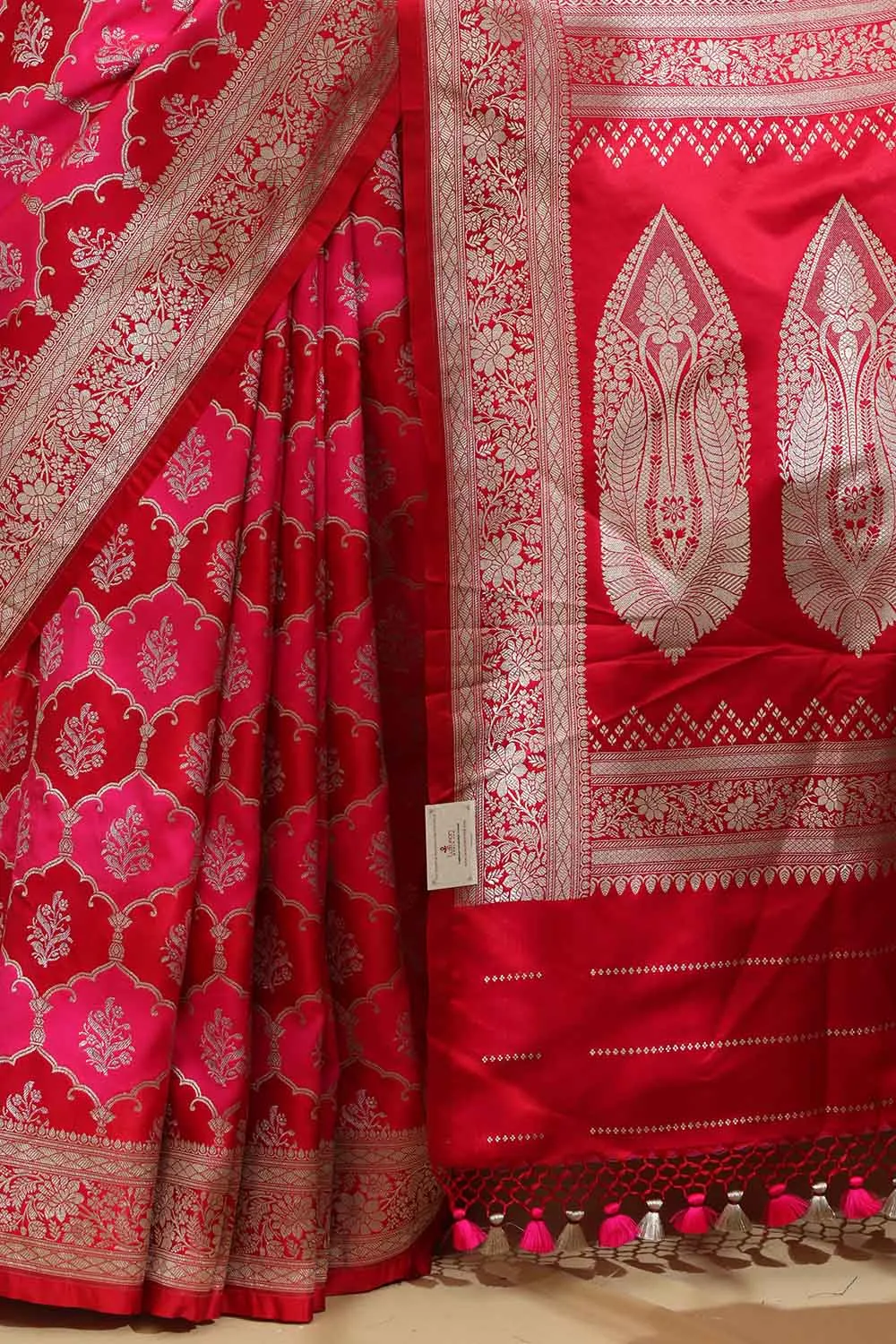 Vibrant Red & Pink Banarasi Silk Saree