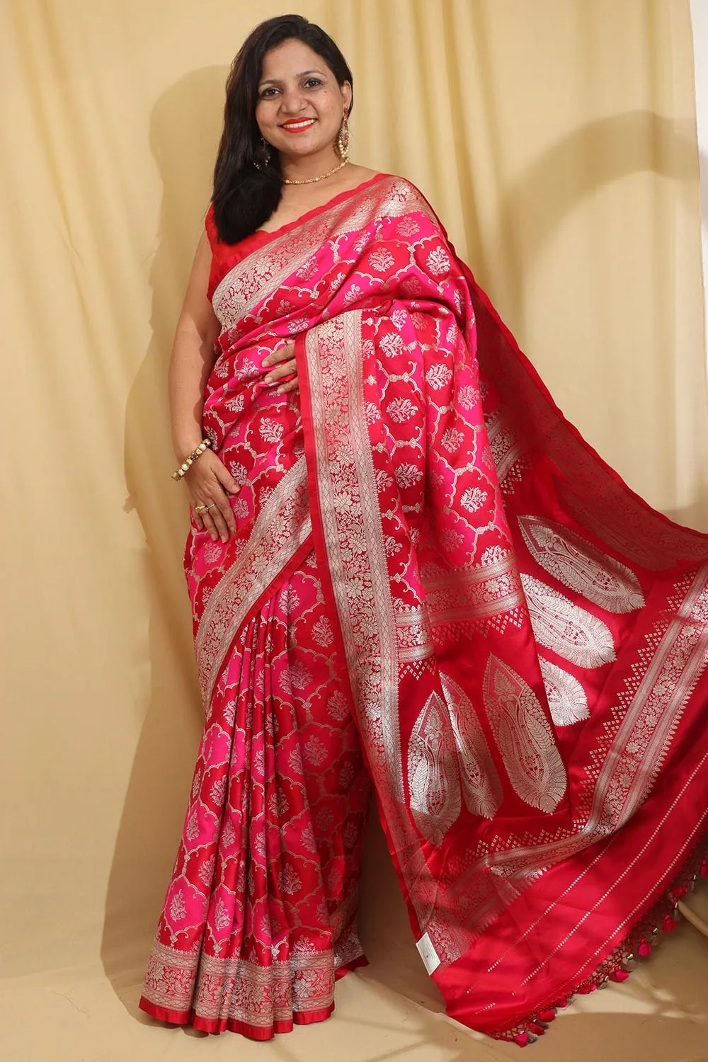 Vibrant Red & Pink Banarasi Silk Saree