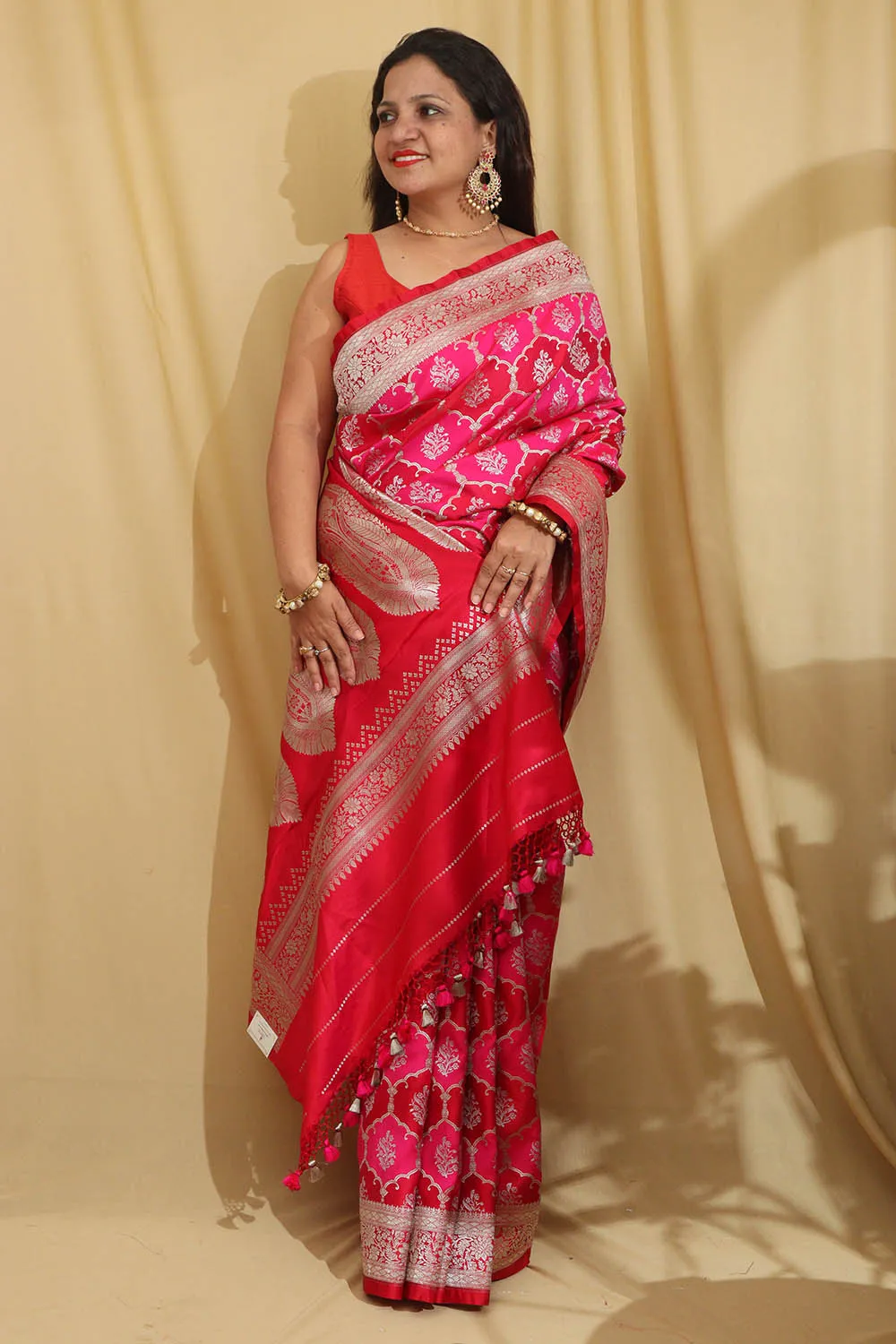Vibrant Red & Pink Banarasi Silk Saree