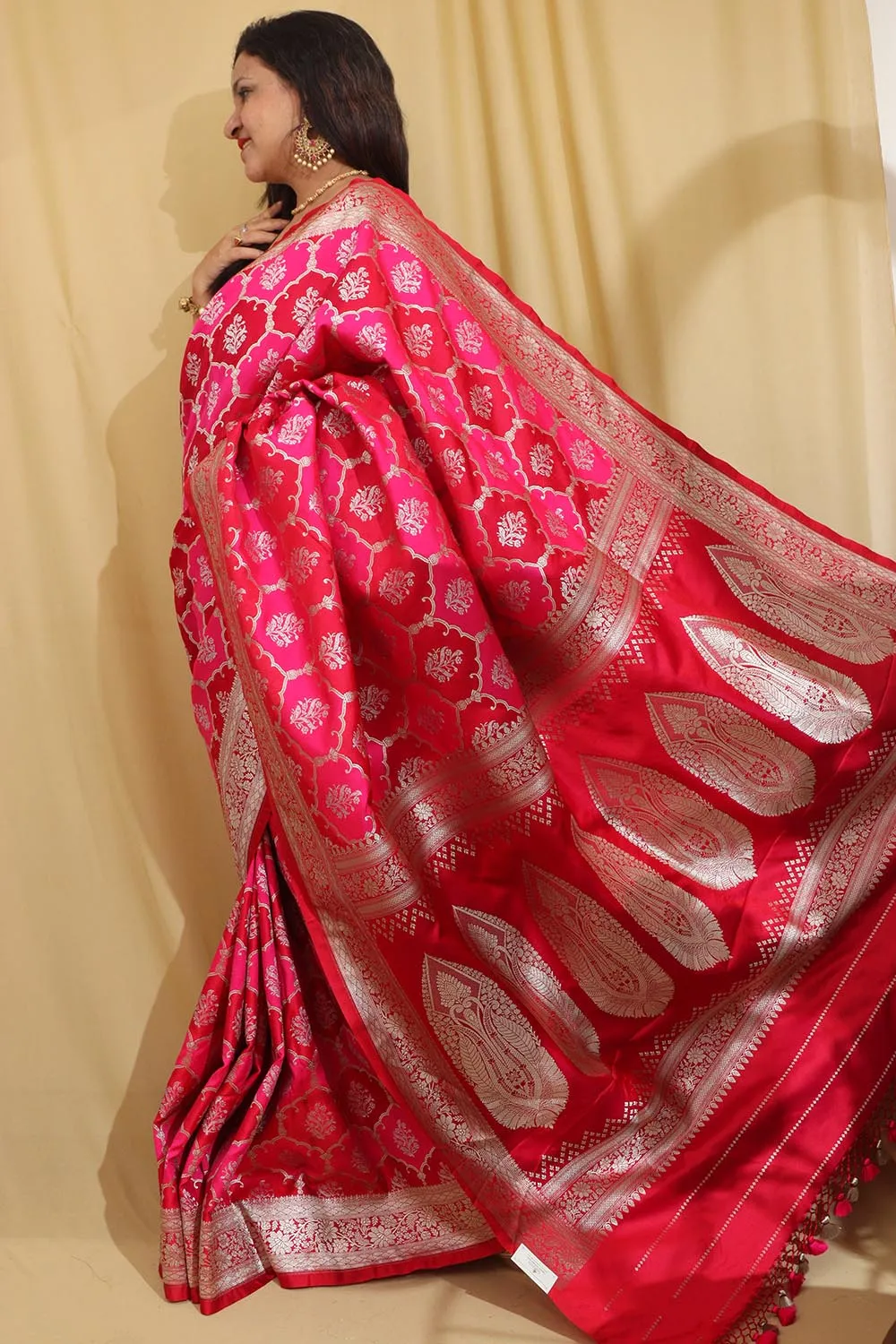 Vibrant Red & Pink Banarasi Silk Saree