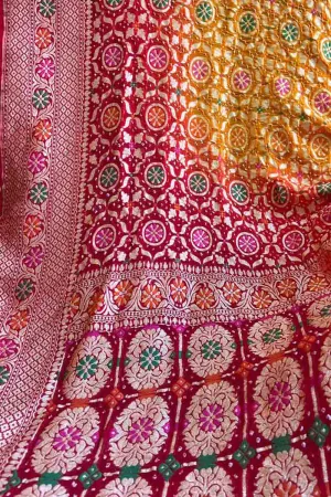 Vibrant Yellow & Red Banarasi Bandhani Meenakari Georgette Saree
