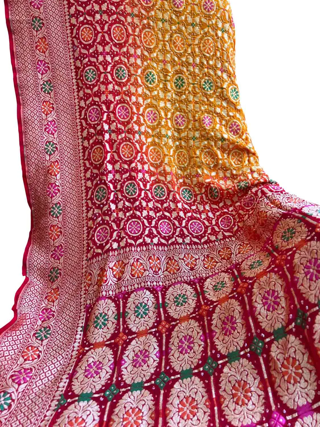 Vibrant Yellow & Red Banarasi Bandhani Meenakari Georgette Saree
