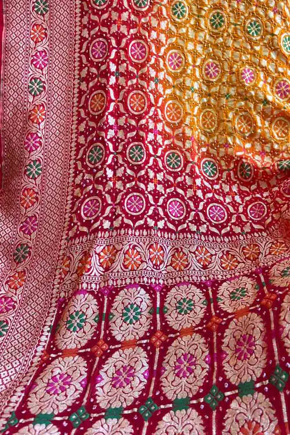 Vibrant Yellow & Red Banarasi Bandhani Meenakari Georgette Saree