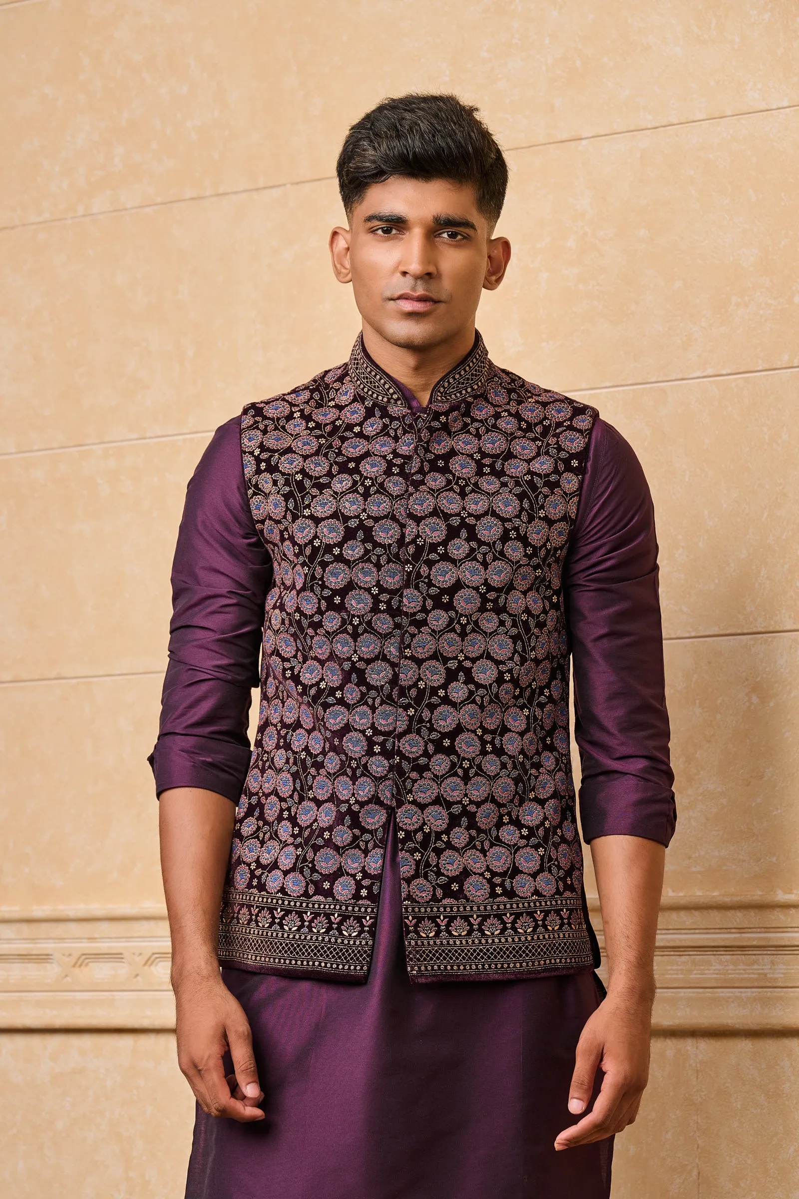 Wine Printed Kurta Bundi Set