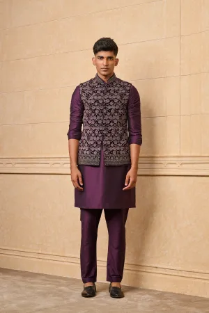 Wine Printed Kurta Bundi Set
