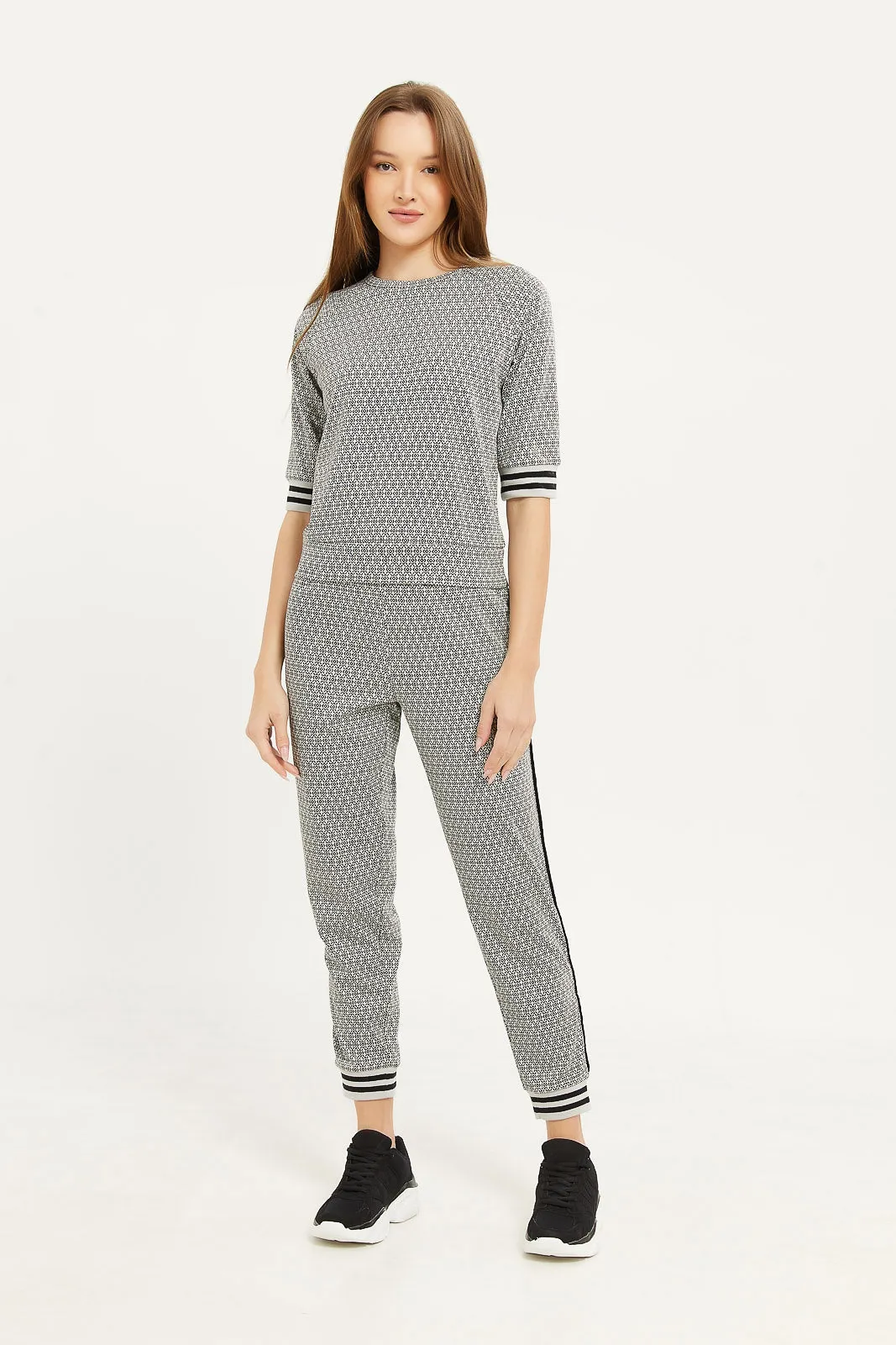 Women Grey And Black Jacquard Jogger Pants