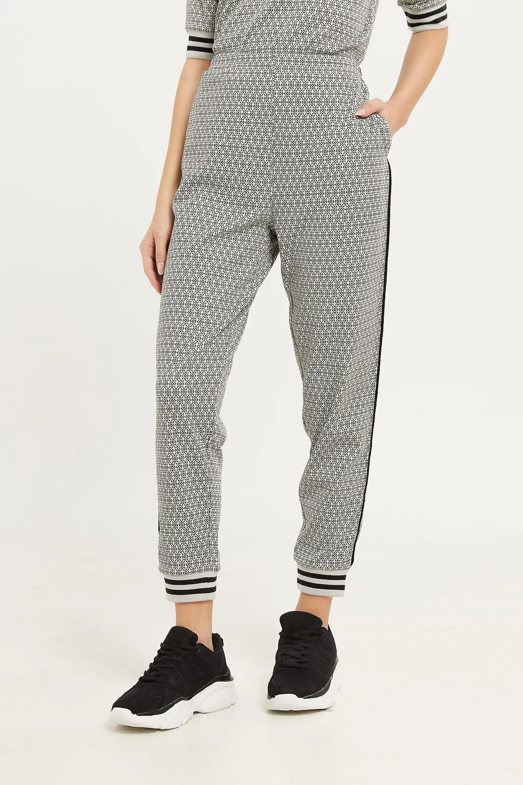 Women Grey And Black Jacquard Jogger Pants